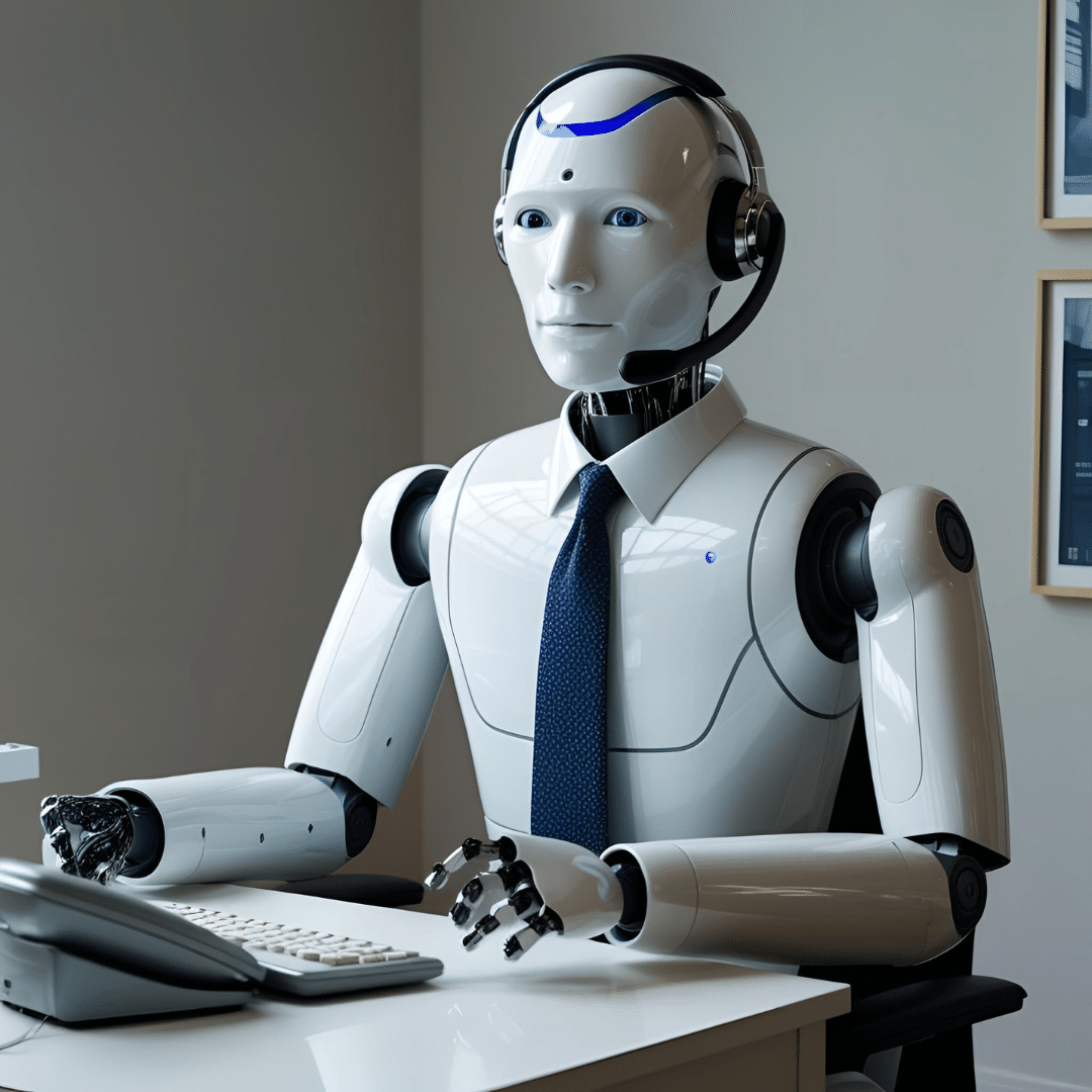 Humanoider Roboter telefoniert am schreibtisch Divi-Image-Hover-Hero-Image-1-1